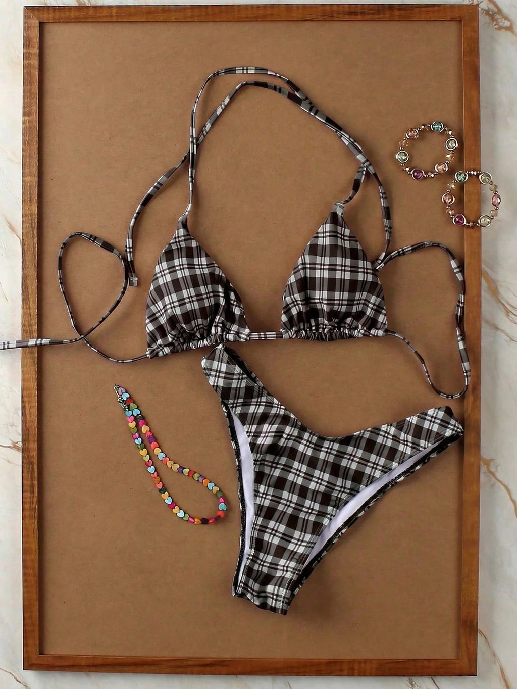 Women's Fashionable Elegant Red Plaid Print Sexy Halter Casual Bikini Set Set, Suitable For Beach Vacation, - image 15