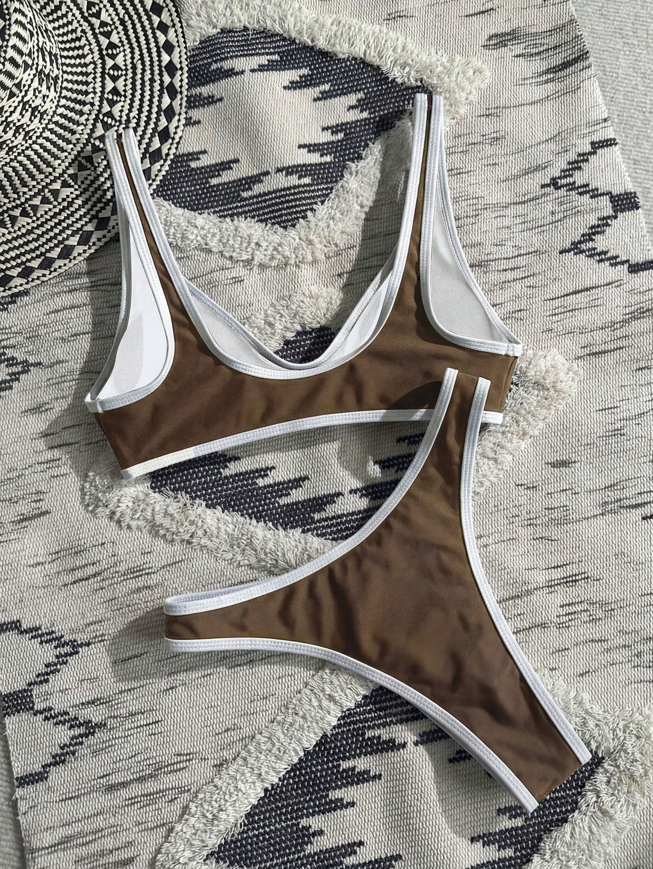Swim Vcay White Trim Bikini Set. Black Body With White Trim Design, High Cut Triangle Bottom - image 11