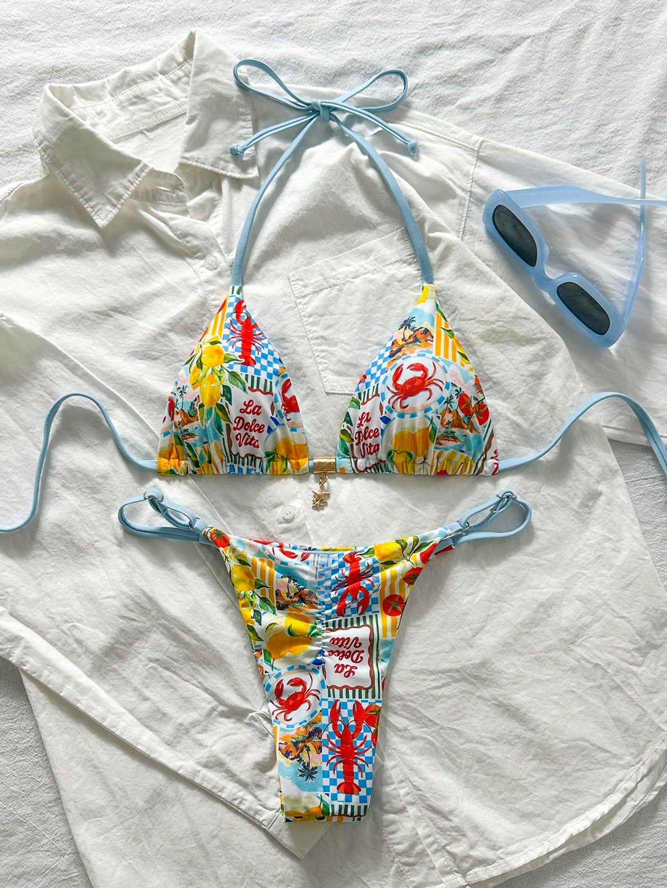 Swim Mod Multicolor Fabric Tropical Halter Bikini Set Knot Tie Side