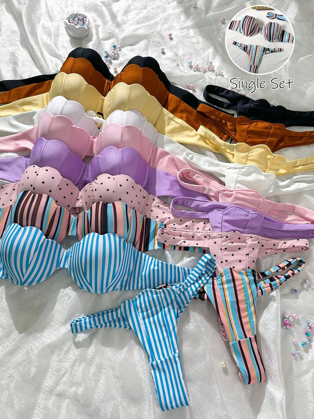 Swim Mod Petal Patchwork Hard Cup Detachable Strap Solid Color Sexy 2 Pieces Swimwear - image 12