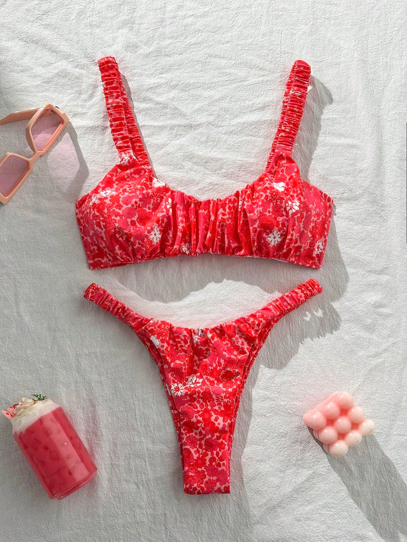Swim Mod Women's Solid Color Ruched High Cut Sexy Bikini Set,