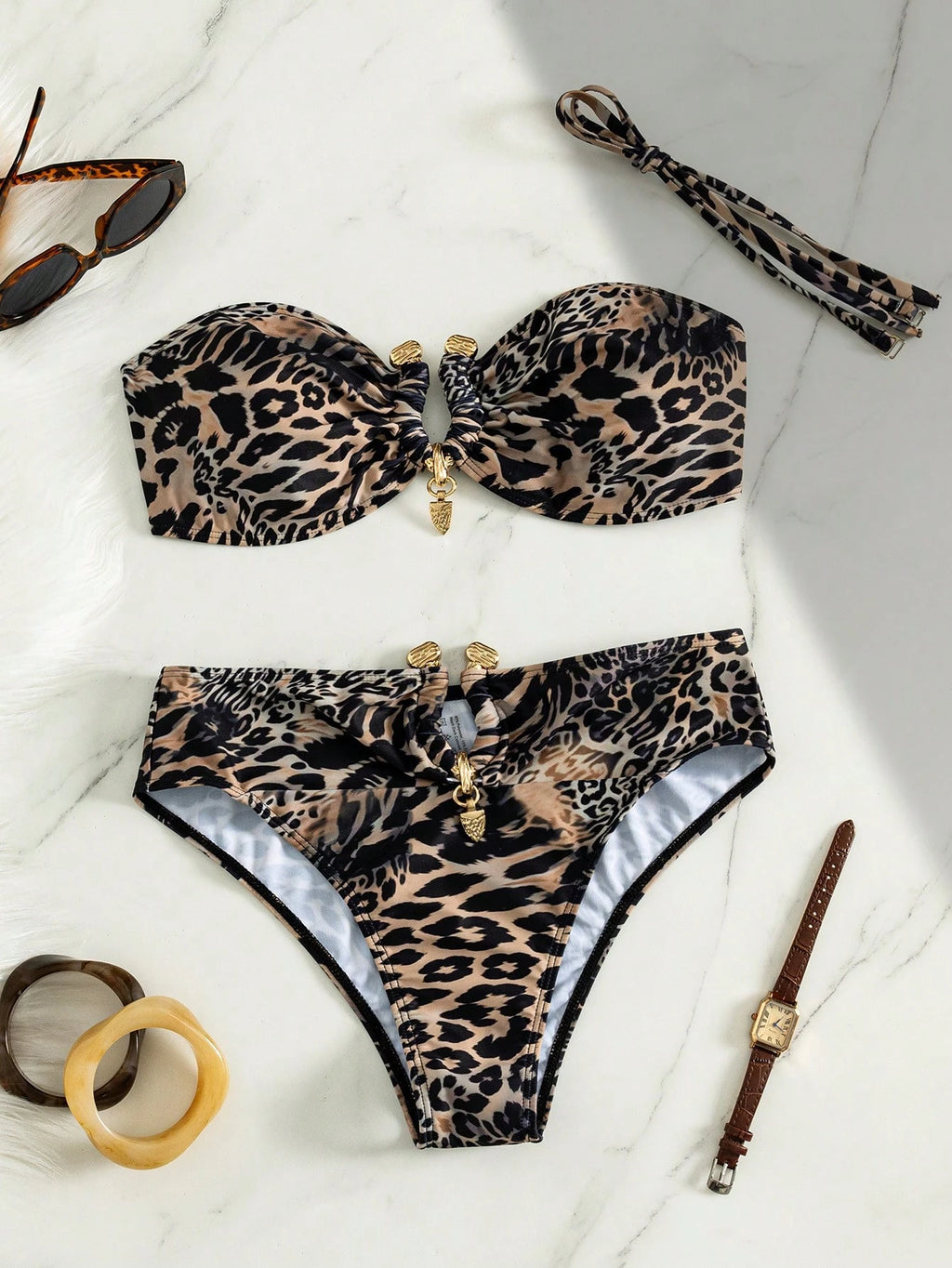 Swim SXY Sexy Ombre Leopard Print Gold Accessories Bandeau Bikini