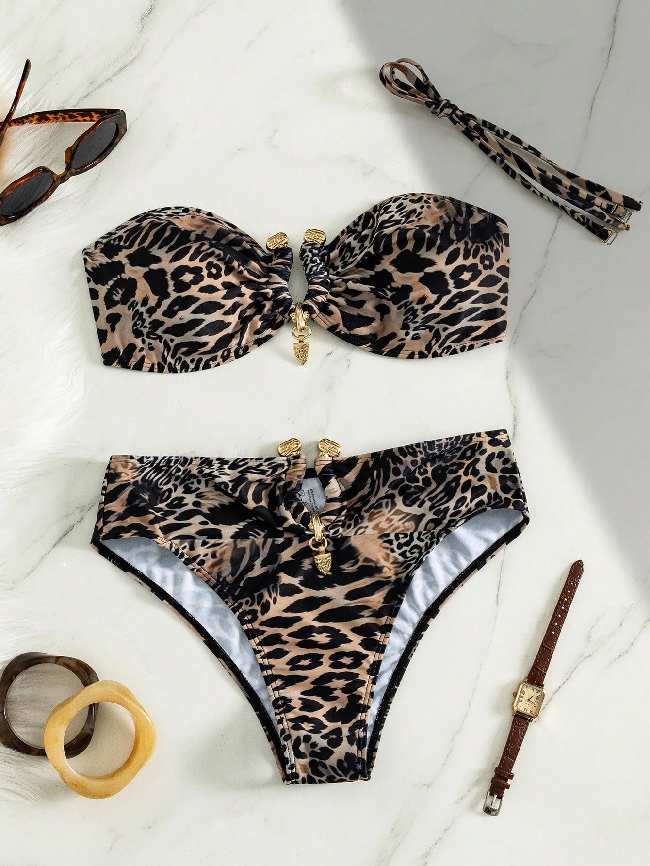 Swim SXY Sexy Ombre Leopard Print Gold Accessories Bandeau Bikini