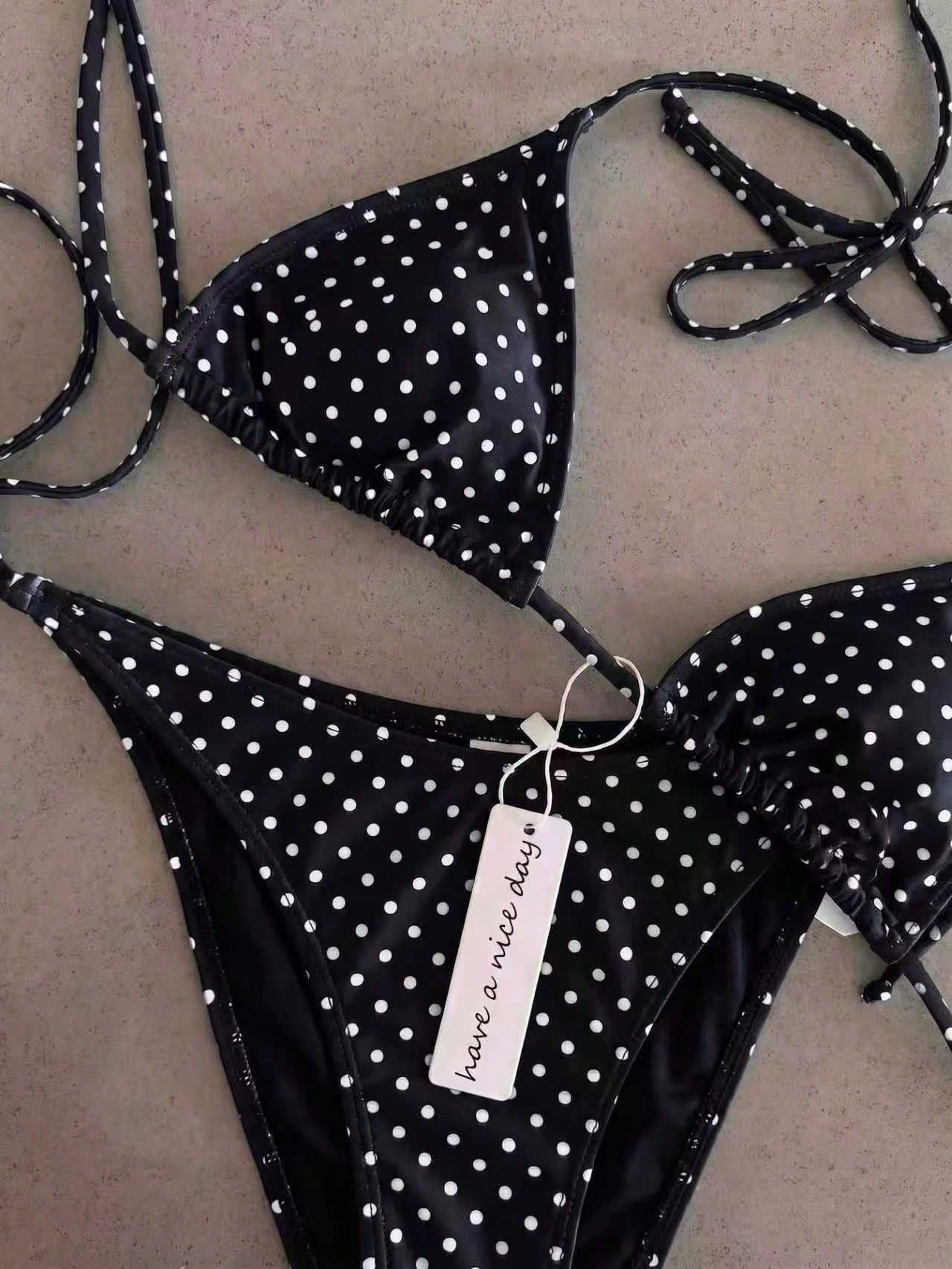 Retro Blue & Green Striped Spaghetti Strap Tie Bikini Set, Sexy
