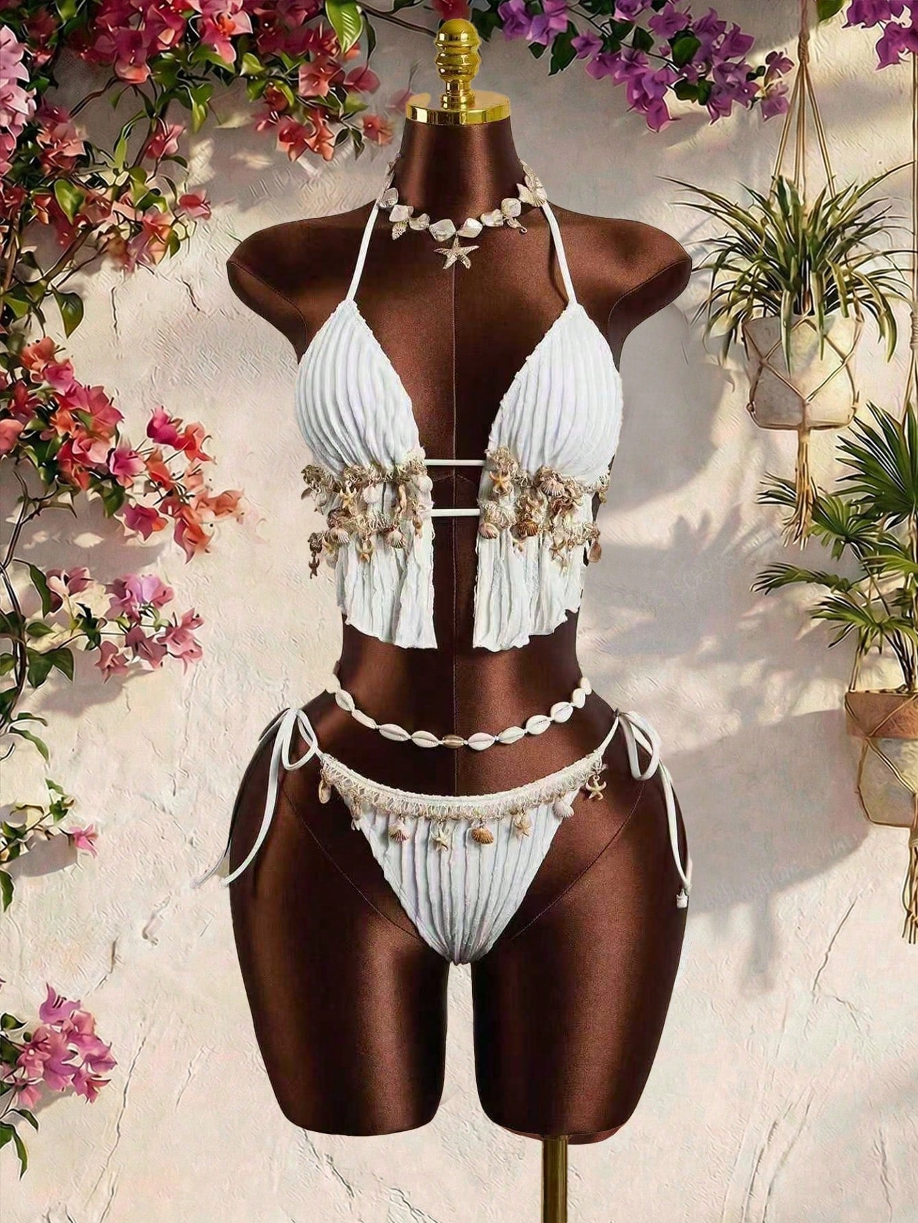 Zestiva Women's 2 Pieces Wavy Striped Shell Tape Splice Tie Neck Bikini Set, Summer,Bohemia,Boho - image 3