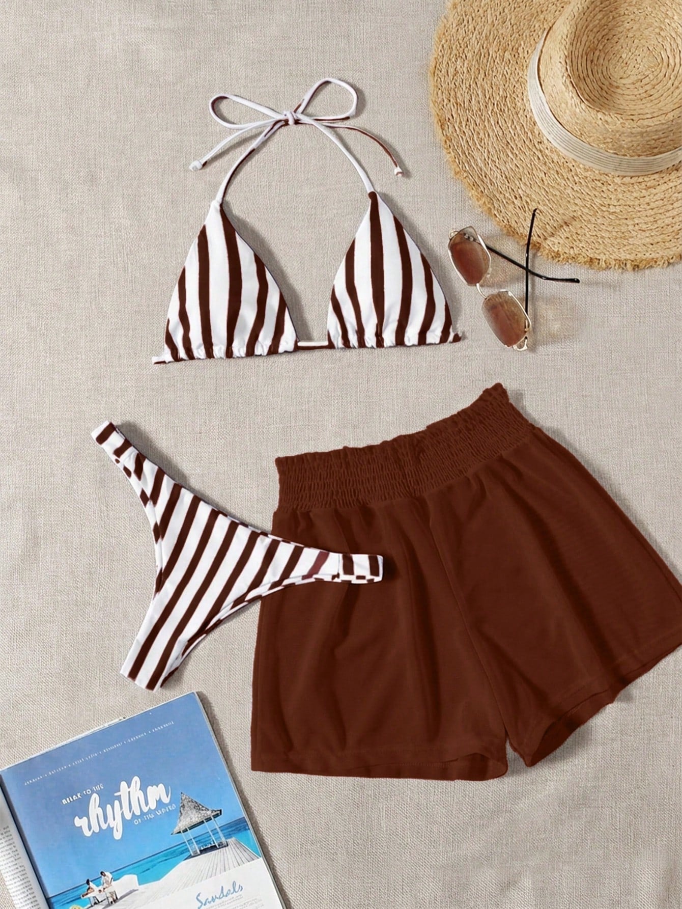 Swim Mod 3pcs Set Fresh Blue & White Striped Top, Blue Bottom And White Cover Up