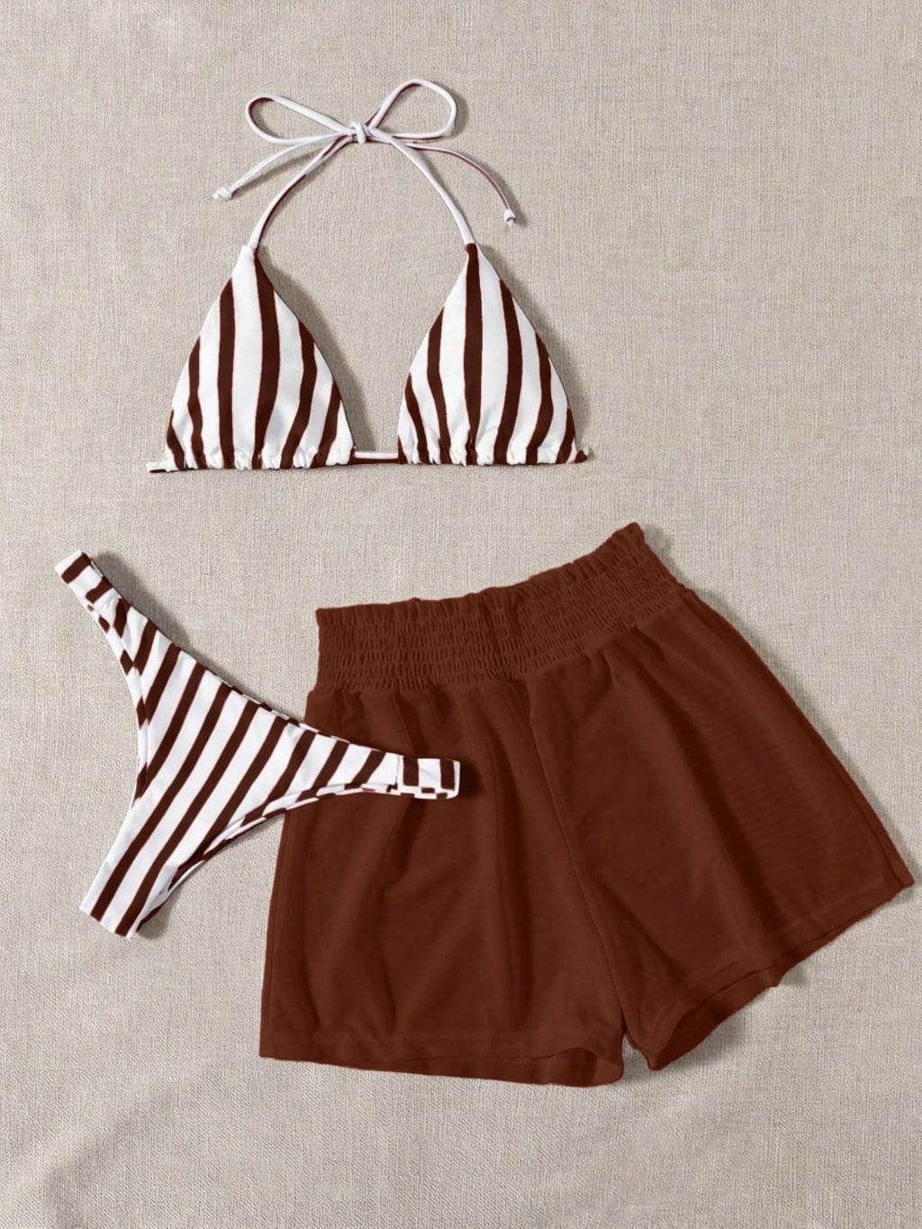 Swim Mod Summer Beach Striped Triangle Bikini Set & Mesh Shorts