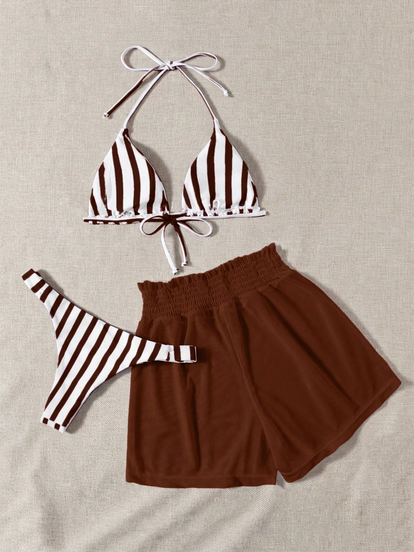 Swim Mod Summer Beach Striped Triangle Bikini Set & Mesh Shorts