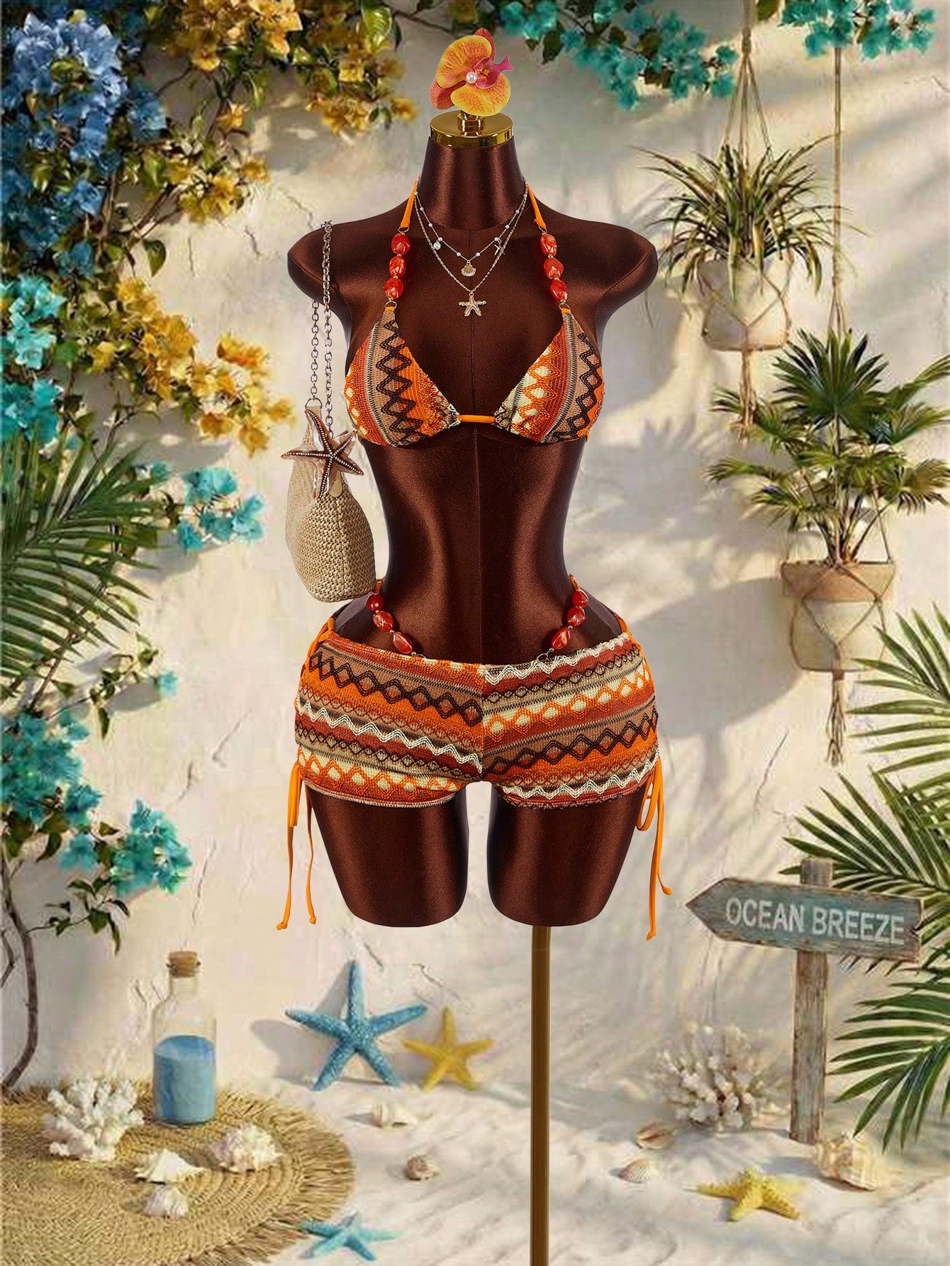 Amplova Women's Turquoise Beaded Strap Bohemian Crochet Bikini