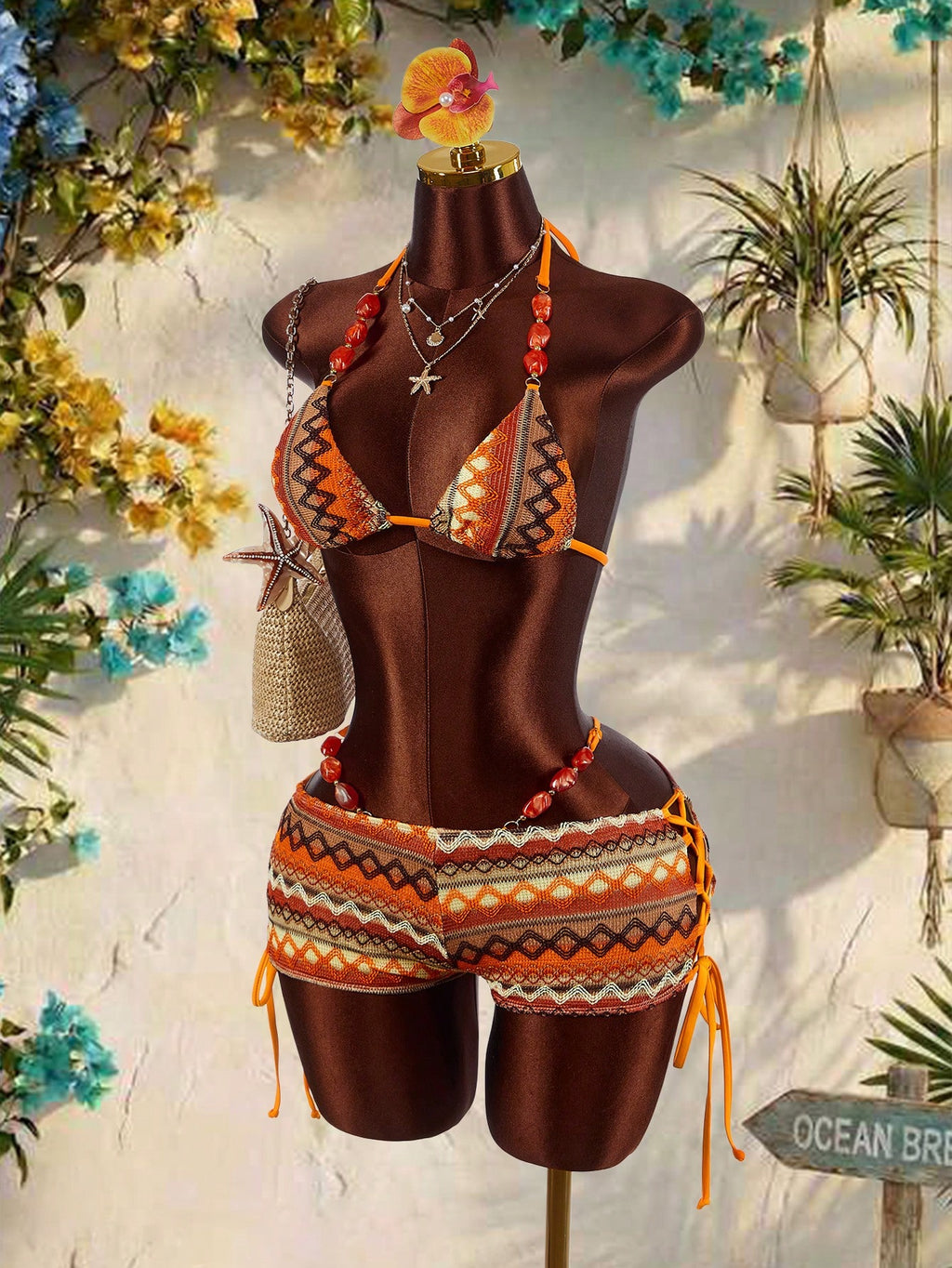 Amplova Women's Turquoise Beaded Strap Bohemian Crochet Bikini