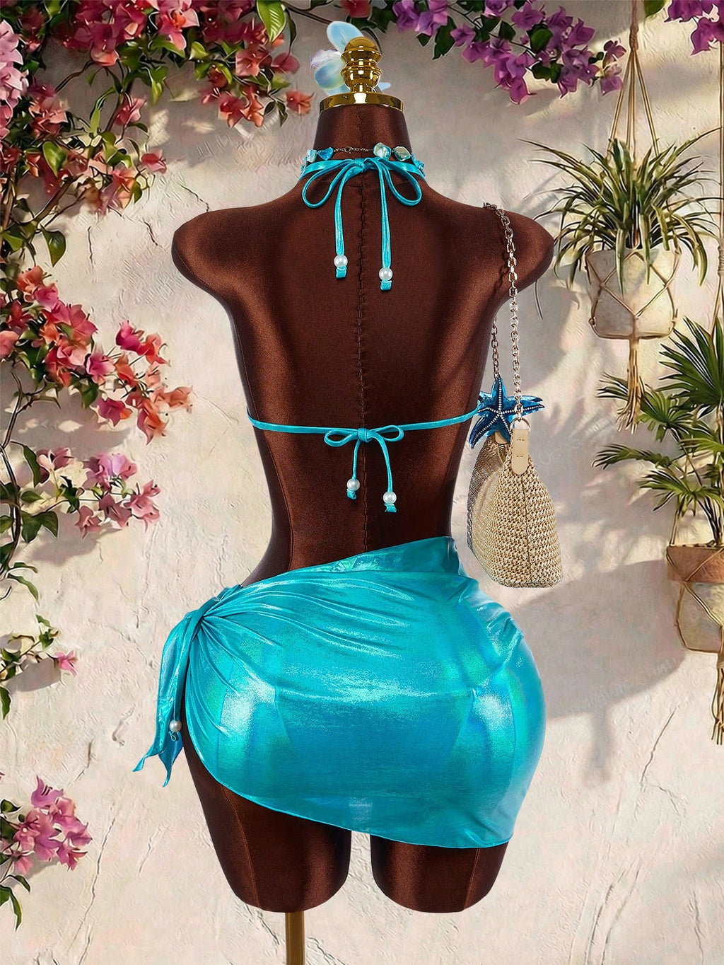 Amplova Women's Seashell Bra Set,Glamorous Pearl Strap Teal Blue