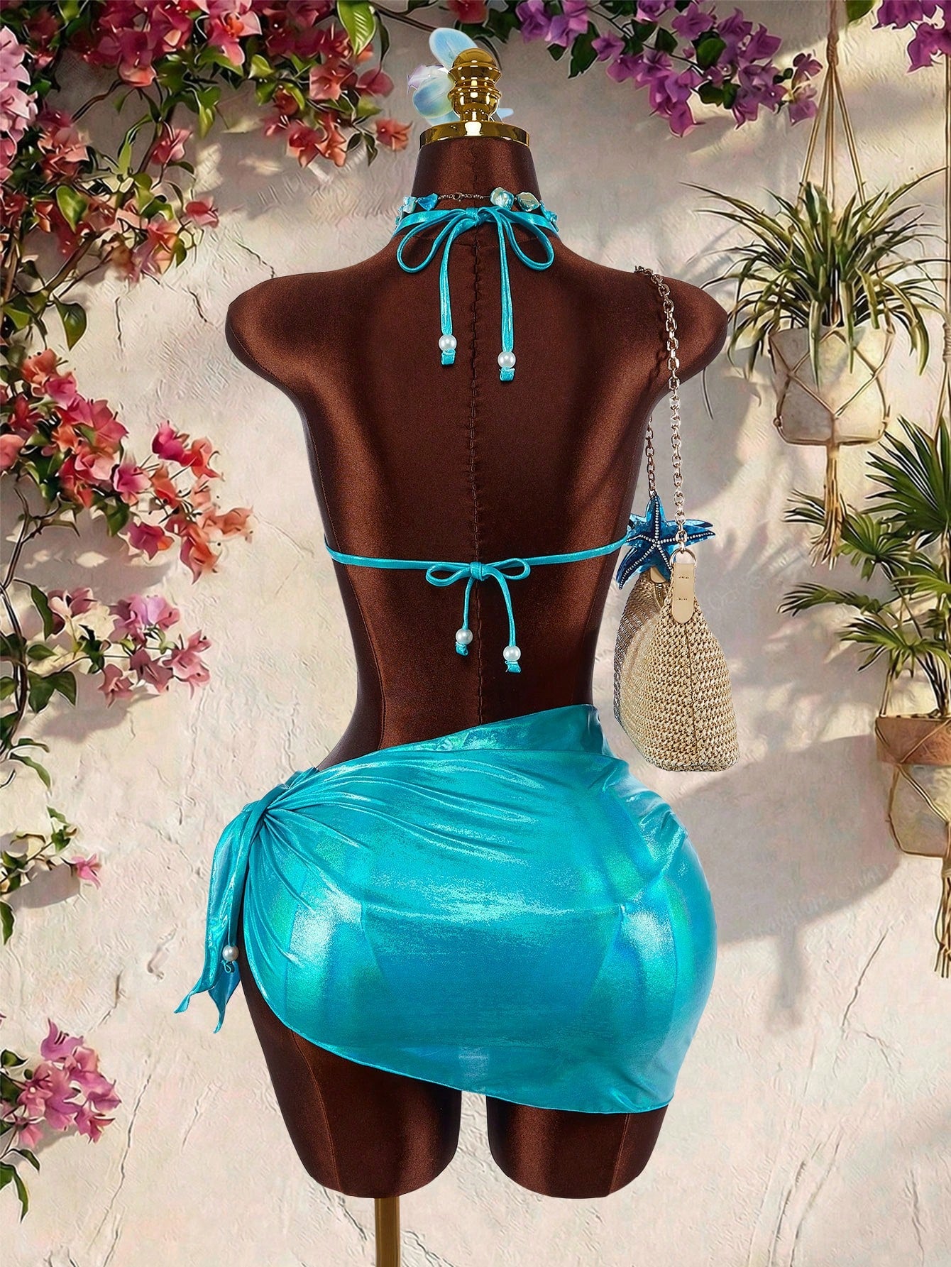Amplova Women's Seashell Bra Set,Glamorous Pearl Strap Teal Blue