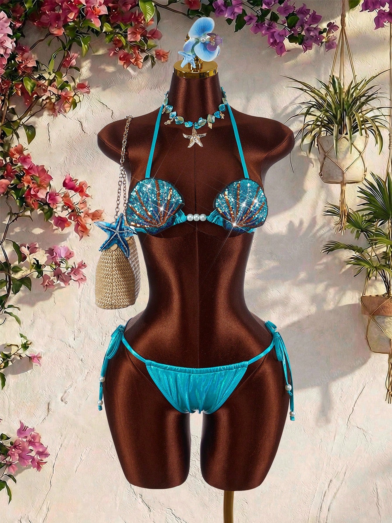 Amplova Women's Seashell Bra Set,Glamorous Pearl Strap Teal Blue