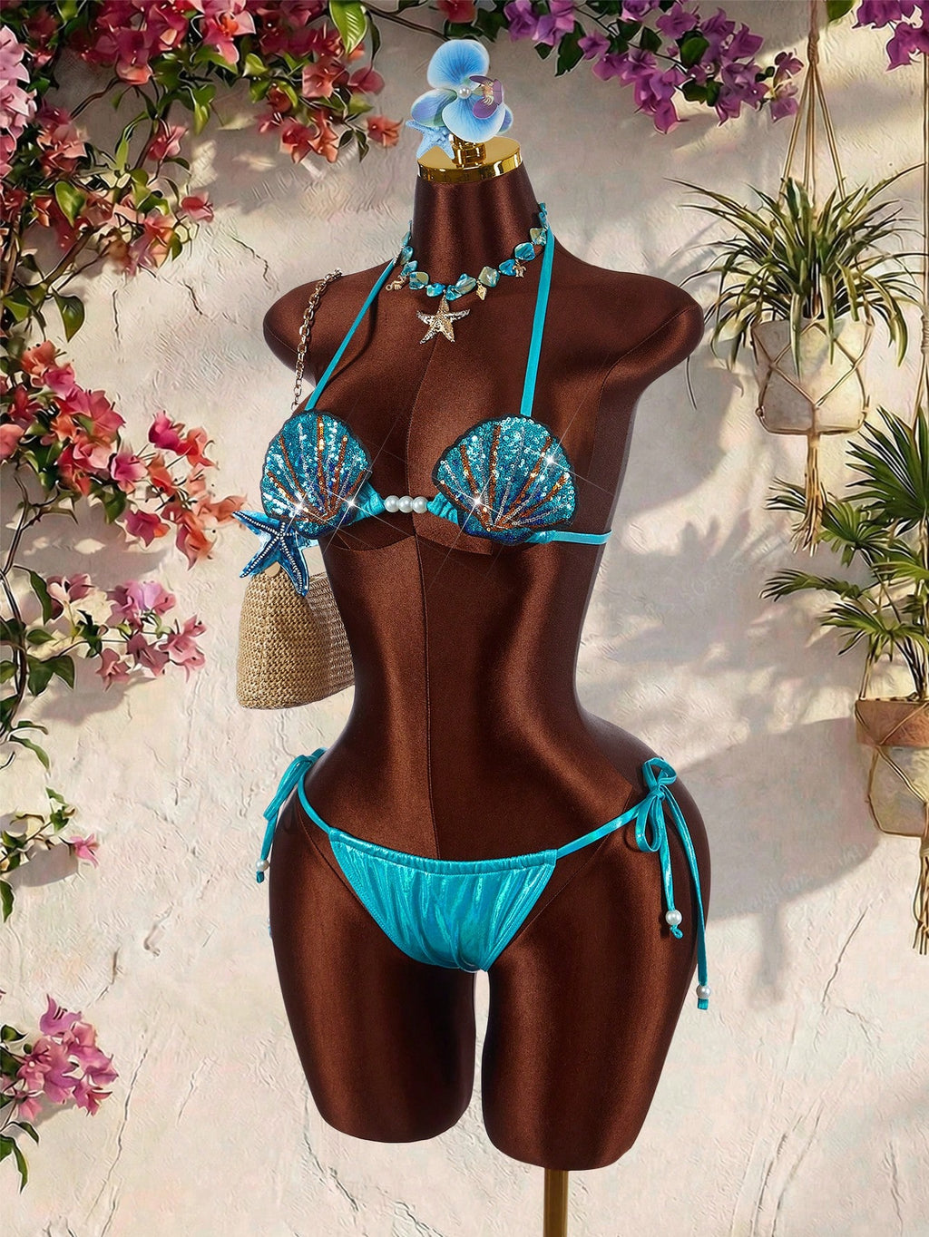 Amplova Women's Seashell Bra Set,Glamorous Pearl Strap Teal Blue