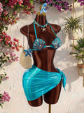 Amplova Women's Seashell Bra Set,Glamorous Pearl Strap Teal Blue