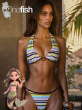 Onefish 1 Set Striped Halter Neck Triangle Bikini Top, Deep V-Neck,