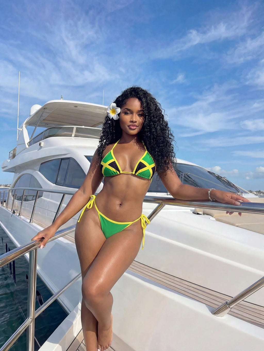 BamGleam 2pcs/Set Women's Jamaican Flag Bikini, Backless Triangle Tie Side Swimw