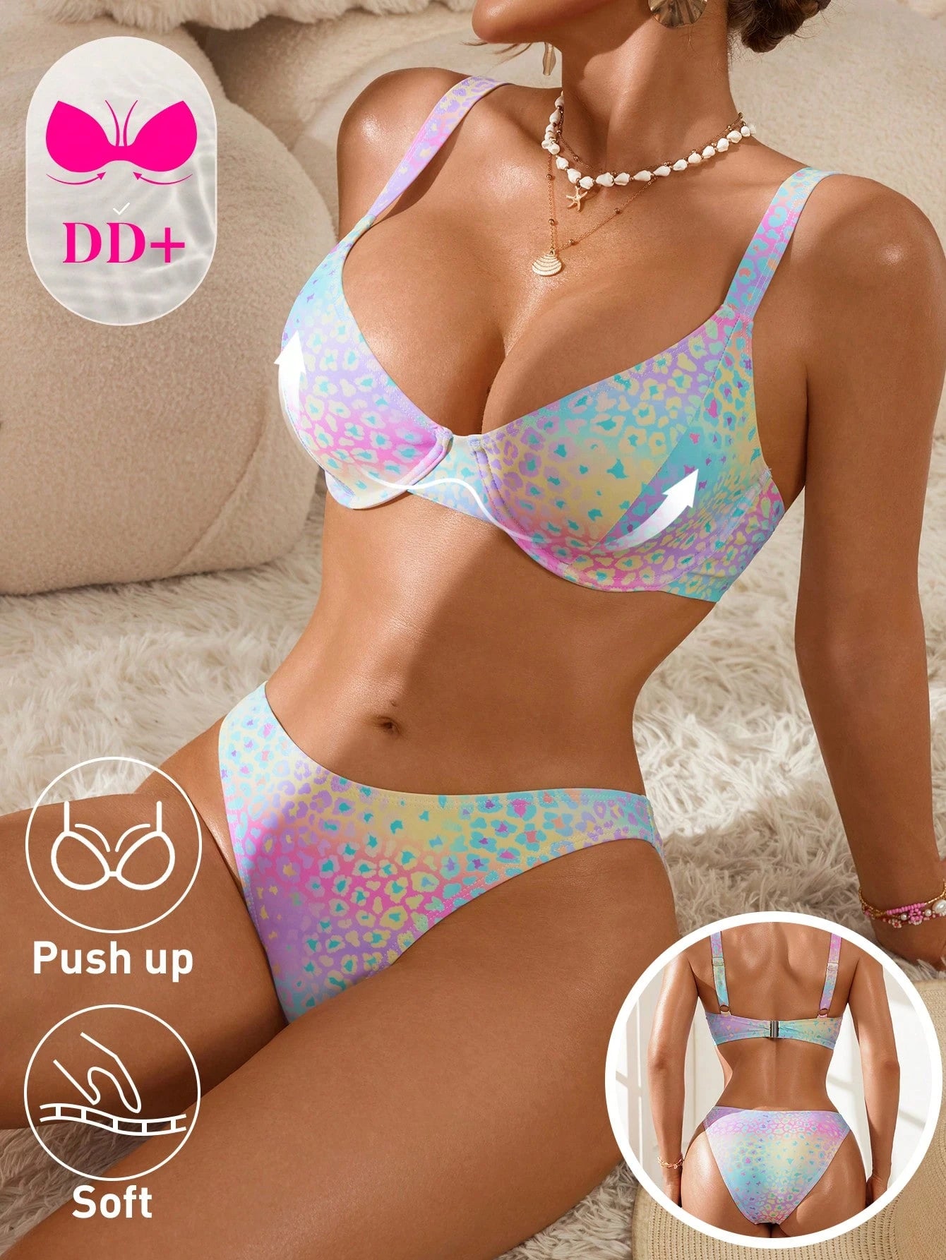 Swim DD+ Women's White With Black Polka Dots Bikini Set,70s Retro