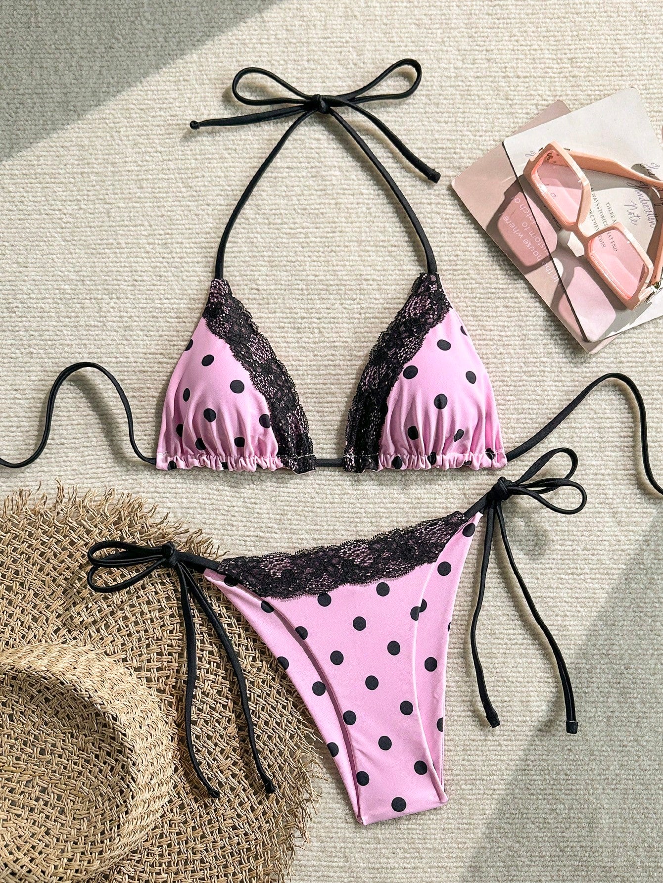 Swim Mod 2pcs/Set Women Summer Beach Lace Polka Dot Print Halter Tie