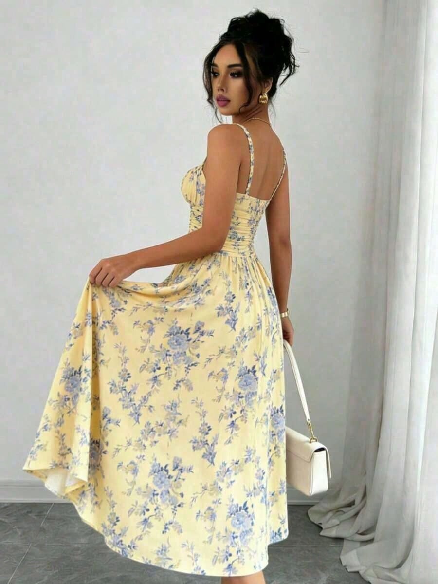 Women's Boho Floral Print Spaghetti Strap Long Dress Ruched Split Thigh Sleeveless Fit And Flare Sundress - image 4