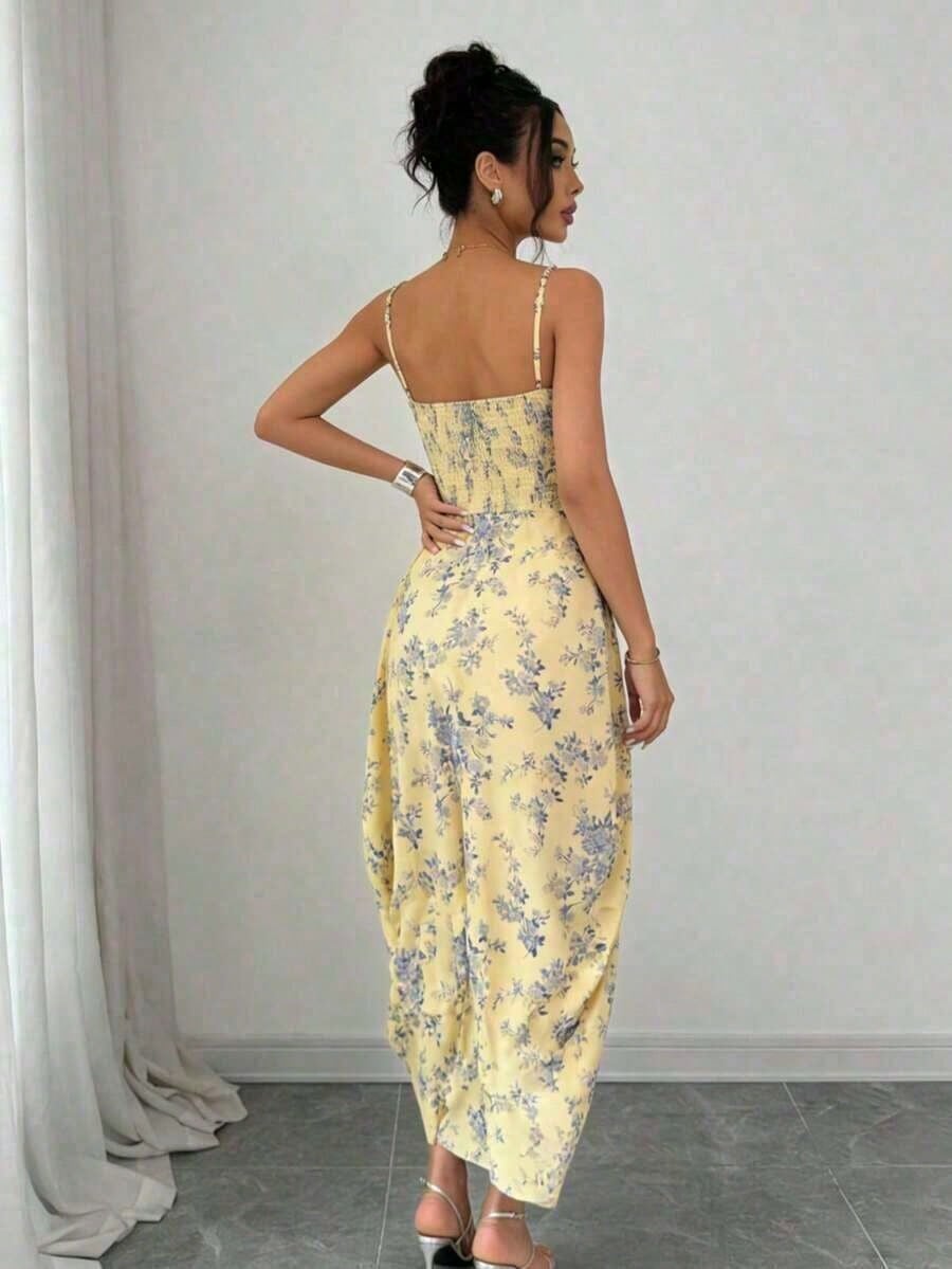 Women's Boho Floral Print Spaghetti Strap Long Dress Ruched Split Thigh Sleeveless Fit And Flare Sundress - image 5