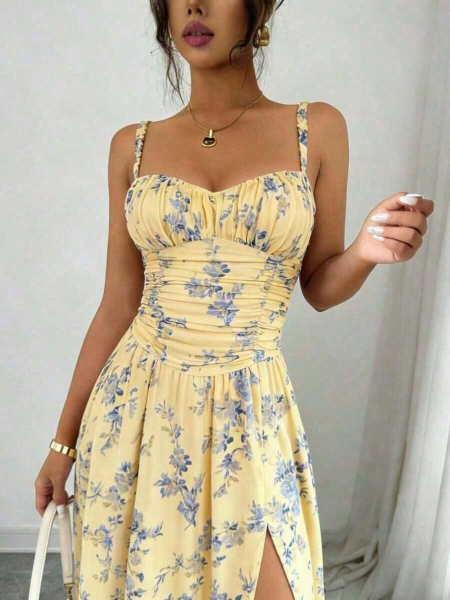 Women's Boho Floral Print Spaghetti Strap Long Dress Ruched Split Thigh Sleeveless Fit And Flare Sundress - image 8