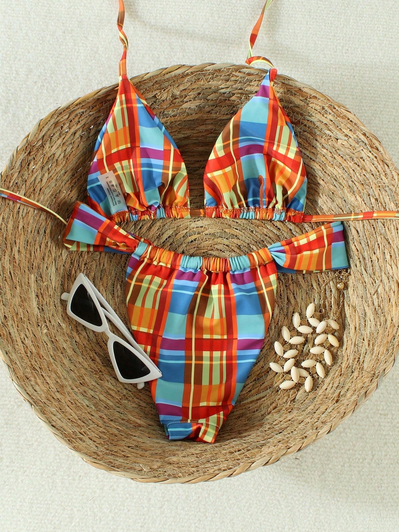 Women's Retro Dopamine Plaid Halter Bikini Set, 2026 Spring/Summer