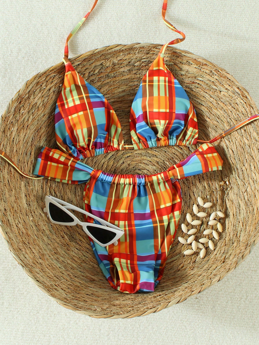 Women's Retro Dopamine Plaid Halter Bikini Set, 2026 Spring/Summer