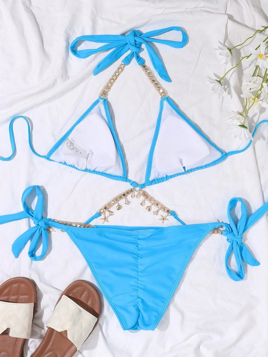 Swim Summer Beach Chain Linked Halter Triangle Tie Side Bikini Set
