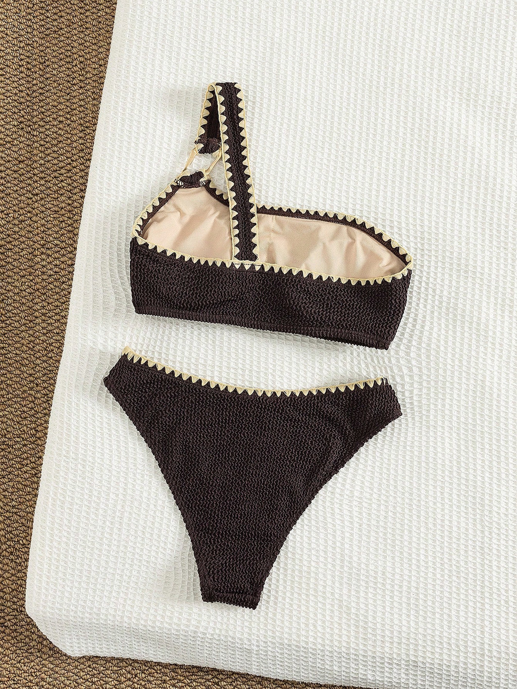 Bonvoyette Women's Spring/Summer Brown Knit Jacquard Shell Scalloped