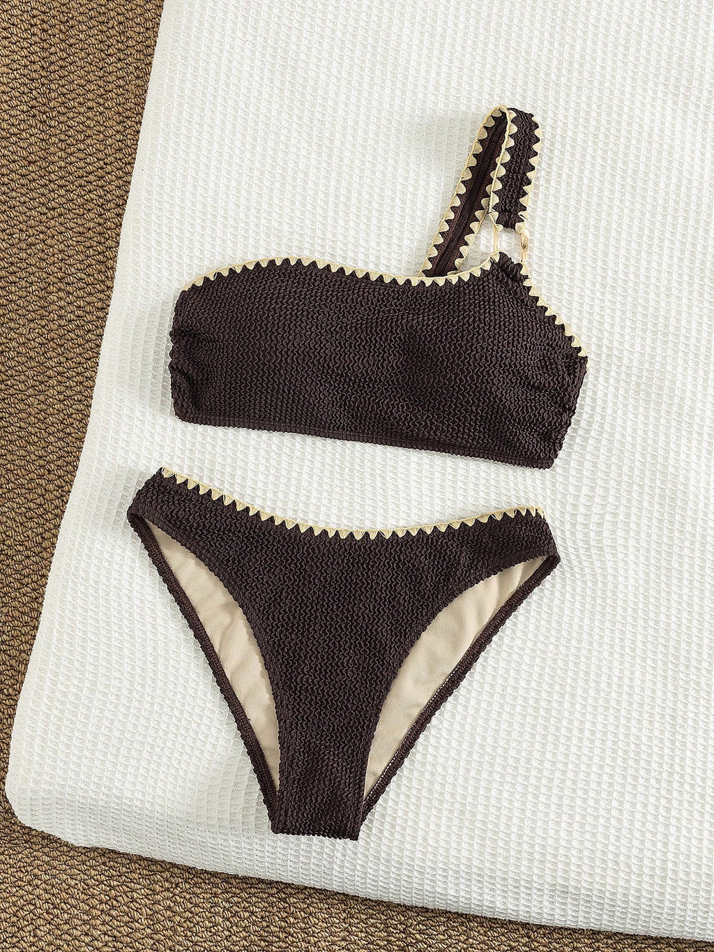 Bonvoyette Women's Spring/Summer Brown Knit Jacquard Shell Scalloped