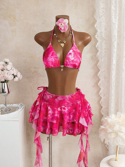 Bellisia Pink Summer Casual Beach Holiday Vacation Latest YK2 Floral 3-Piece Swimwear Set,Spaghetti Strap