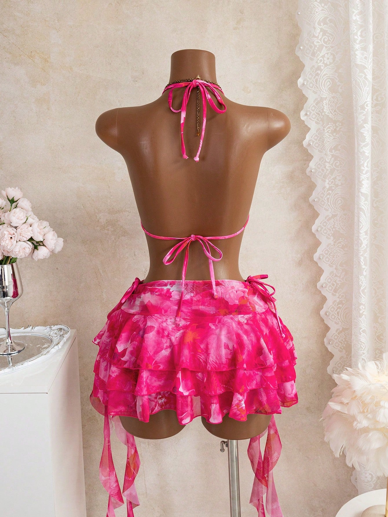 Bellisia Pink Summer Casual Beach Holiday Vacation Latest YK2 Floral 3-Piece Swimwear Set,Spaghetti Strap - image 2