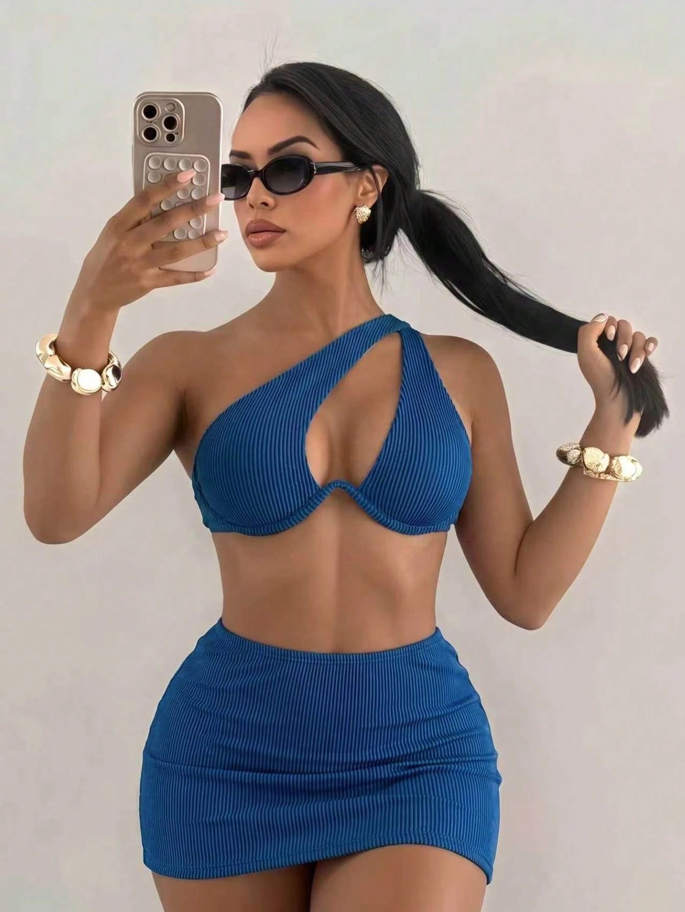 Swim SXY Summer Beach Rib Cut-Out Underwire Bikini With Beach Skirt