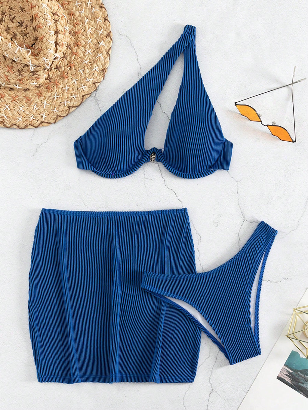 Swim SXY Summer Beach Rib Cut-Out Underwire Bikini With Beach Skirt