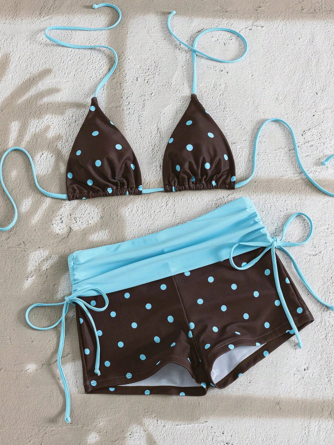 Swim Mod Women's Brown And Blue Polka Dot 2-Piece Bikini Swimwear Set, Summer Halter Backless Top With Side - image 3