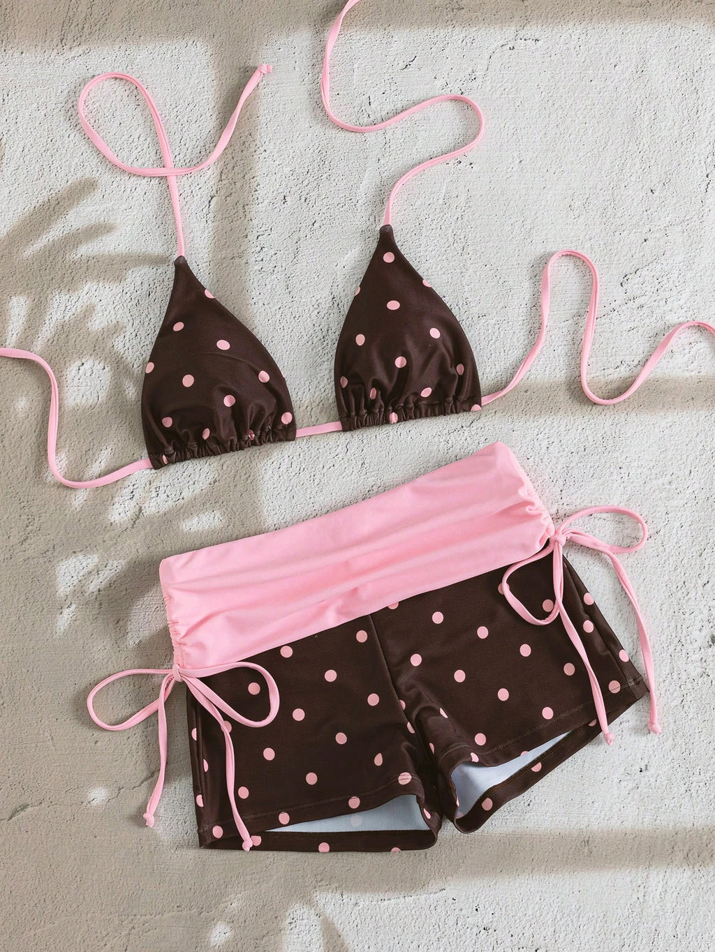 Swim Mod Women's Brown And Blue Polka Dot 2-Piece Bikini Swimwear Set, Summer Halter Backless Top With Side - image 19