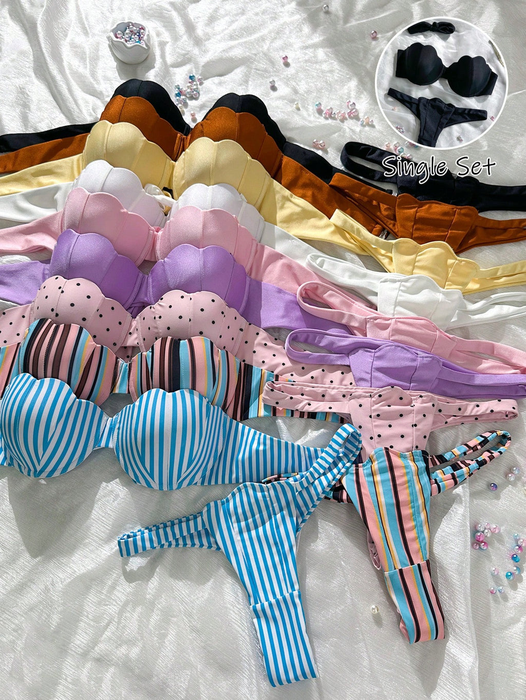 Swim Mod Petal Patchwork Hard Cup Detachable Strap Solid Color Sexy 2 Pieces Swimwear - image 2