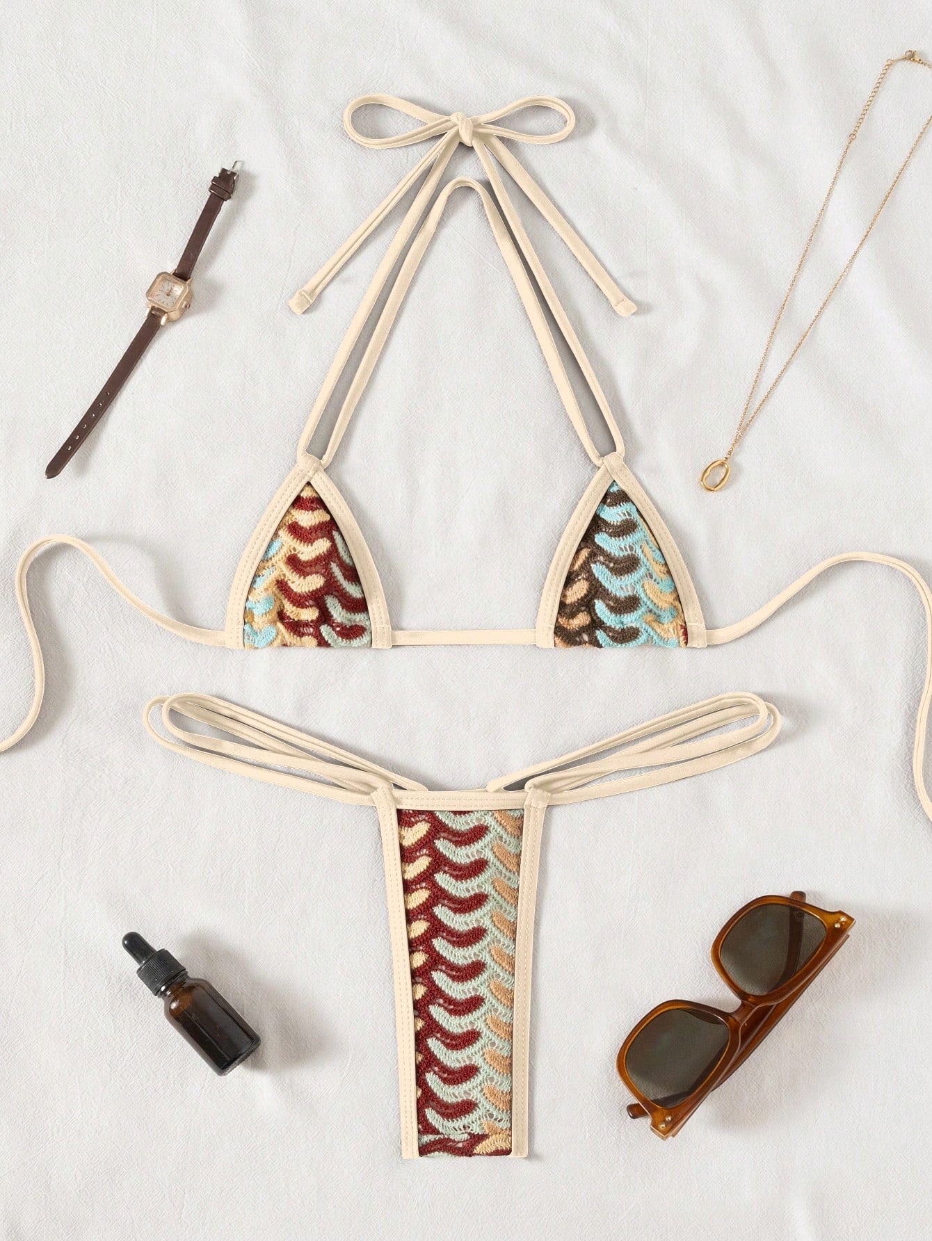 Swim SXY 2pcs/Set New Textured Fabric Micro Triangle Cup Halter Sexy Elegant Vac