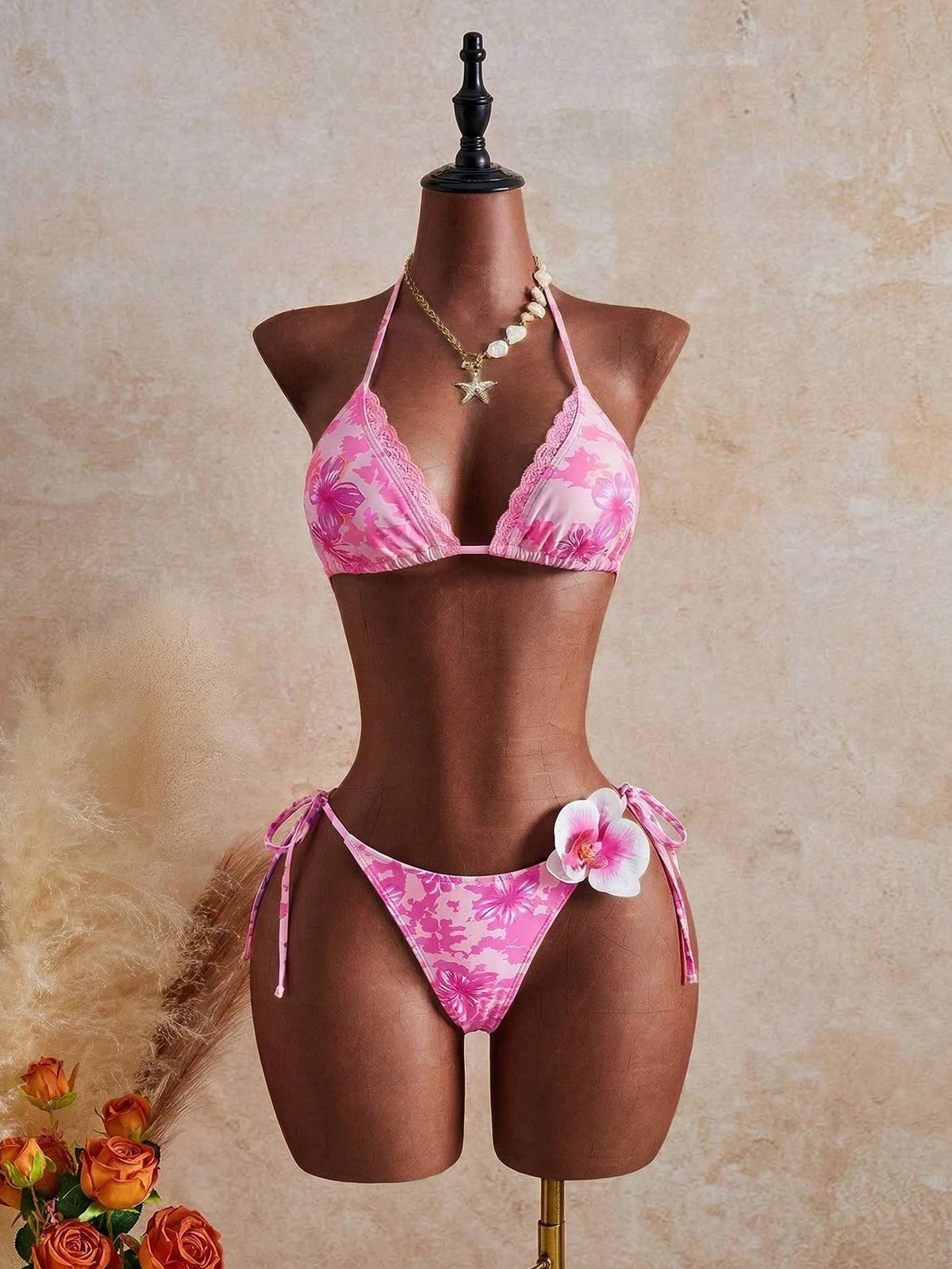 Bellisia Women's Floral Print Frill Lace Trim Tie Front 3-Piece Bikini Set With Skirt,Red Orange Summer Boho - image 8