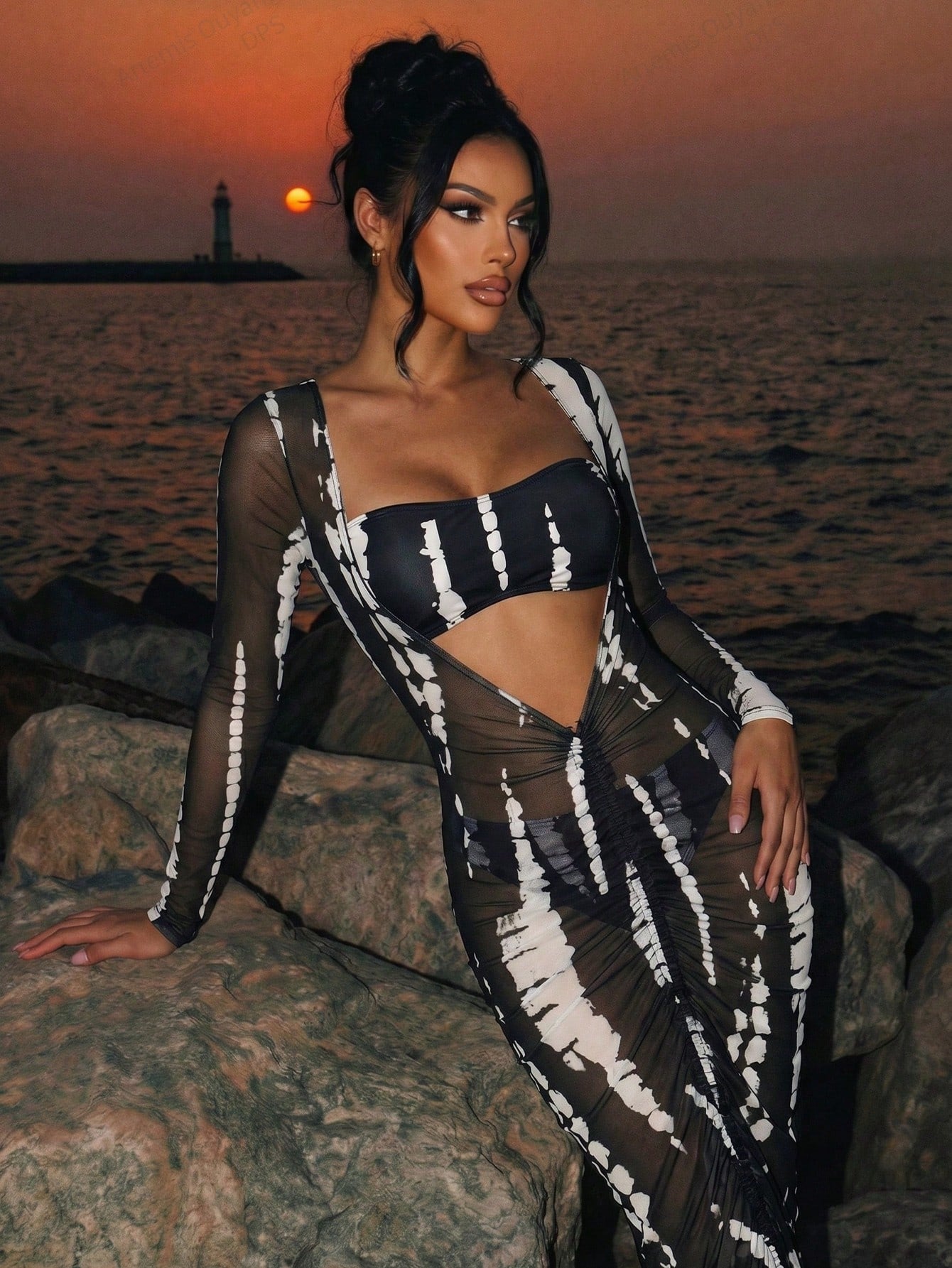 Swim Summer Beach Allover Print Bikini Set & Bandeau Top & Bikini & Drawstring Cover Up Dress 3 Piece Bathing