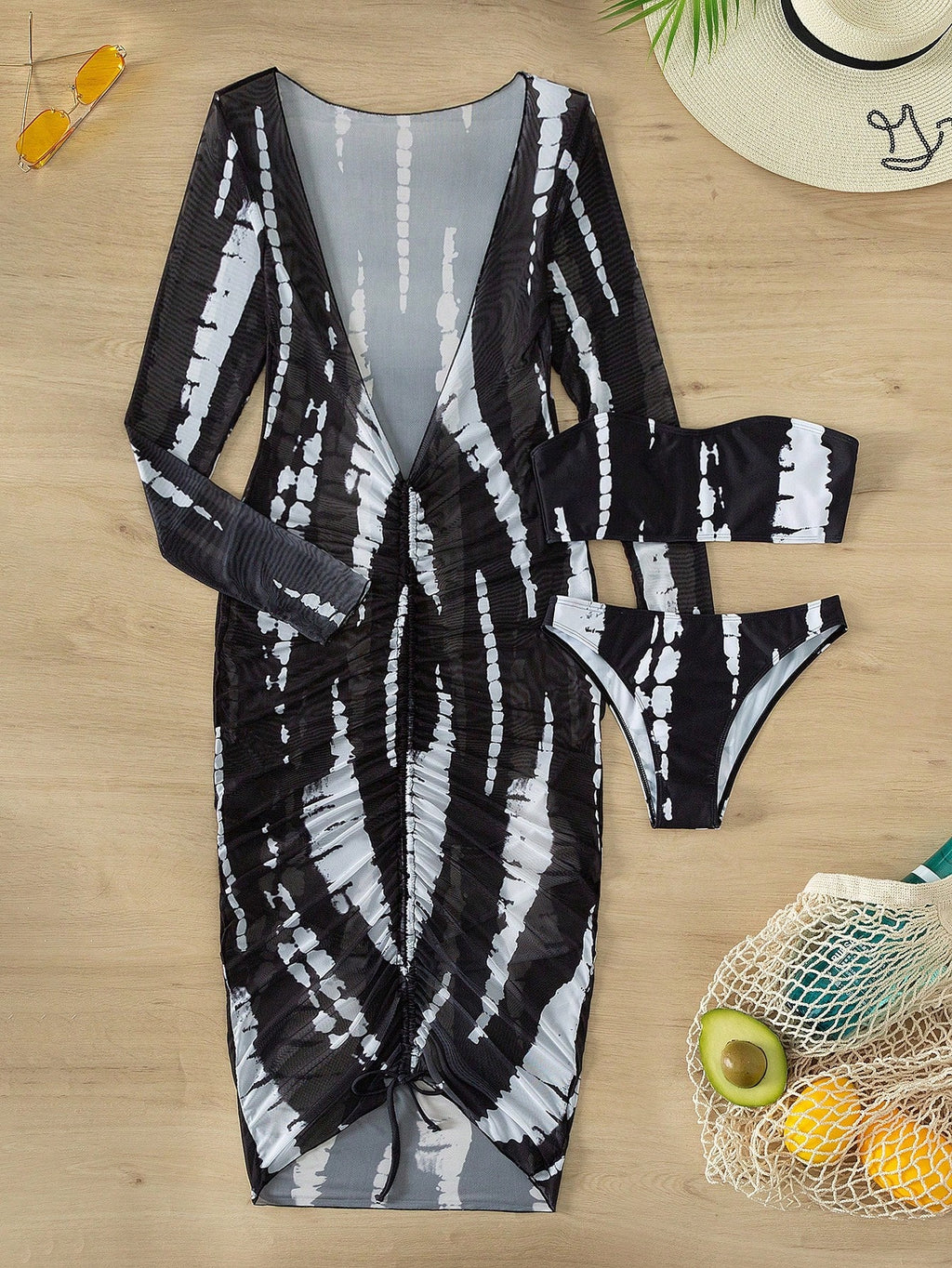 Swim Summer Beach Allover Print Bikini Set & Bandeau Top & Bikini &