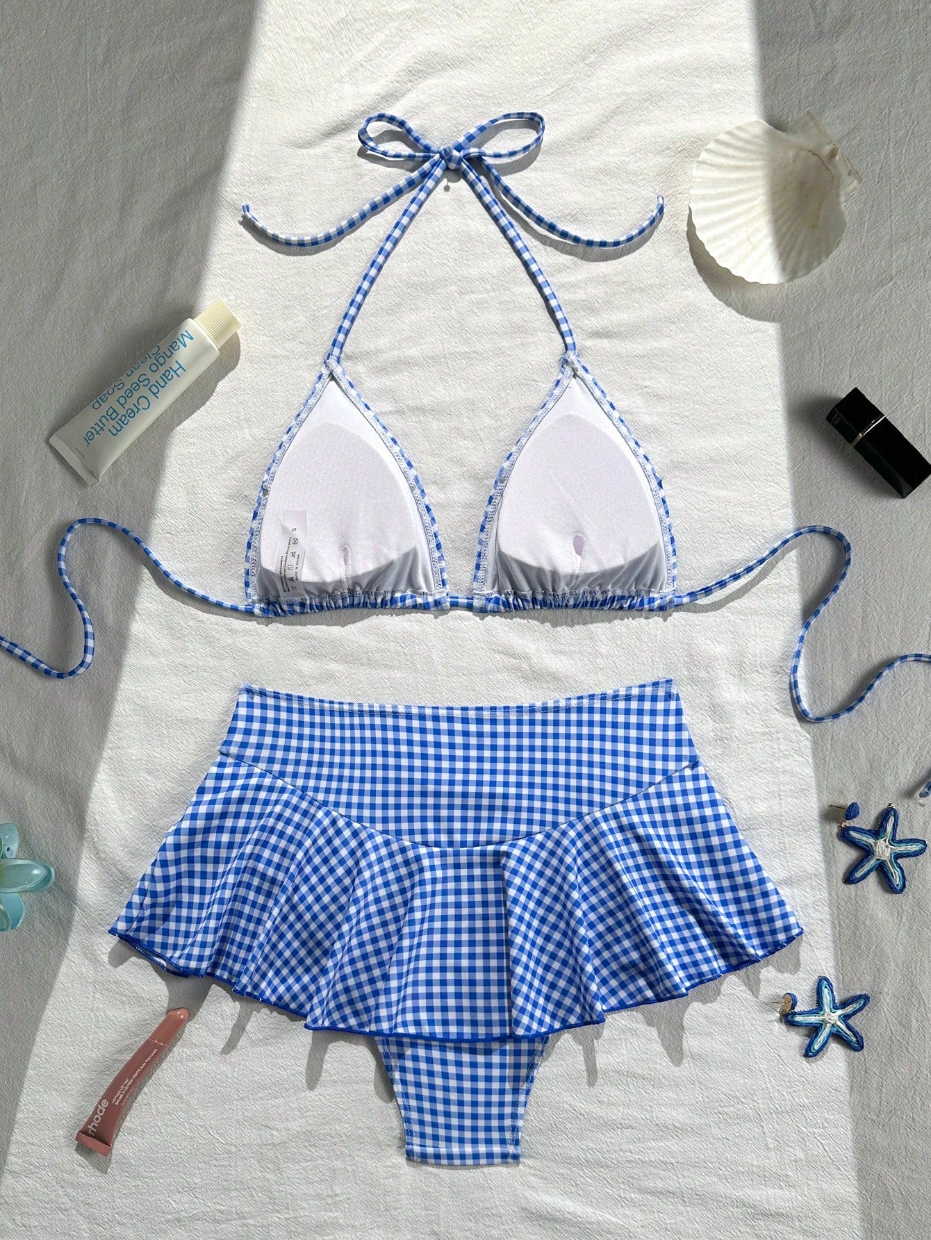 Summer Women's Fashion Cute Blue & White Plaid Print Halter Bikini