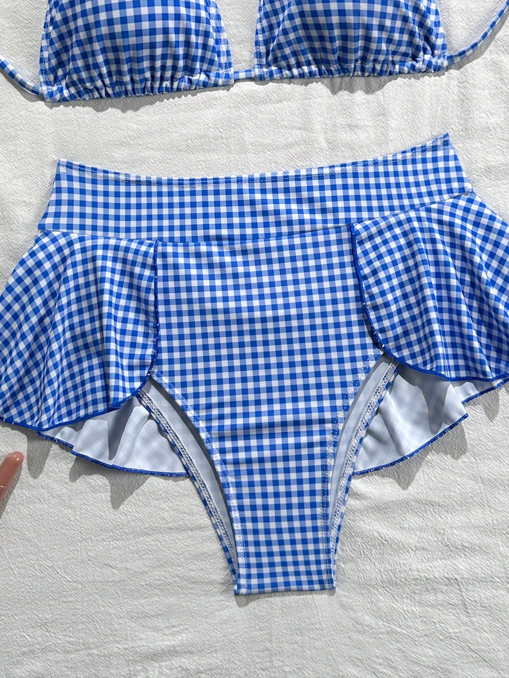 Summer Women's Fashion Cute Blue & White Plaid Print Halter Bikini