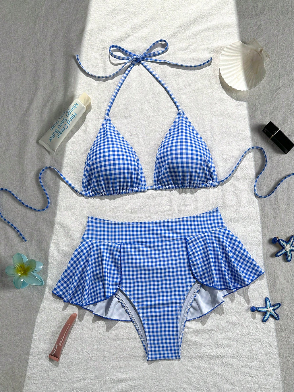 Summer Women's Fashion Cute Blue & White Plaid Print Halter Bikini