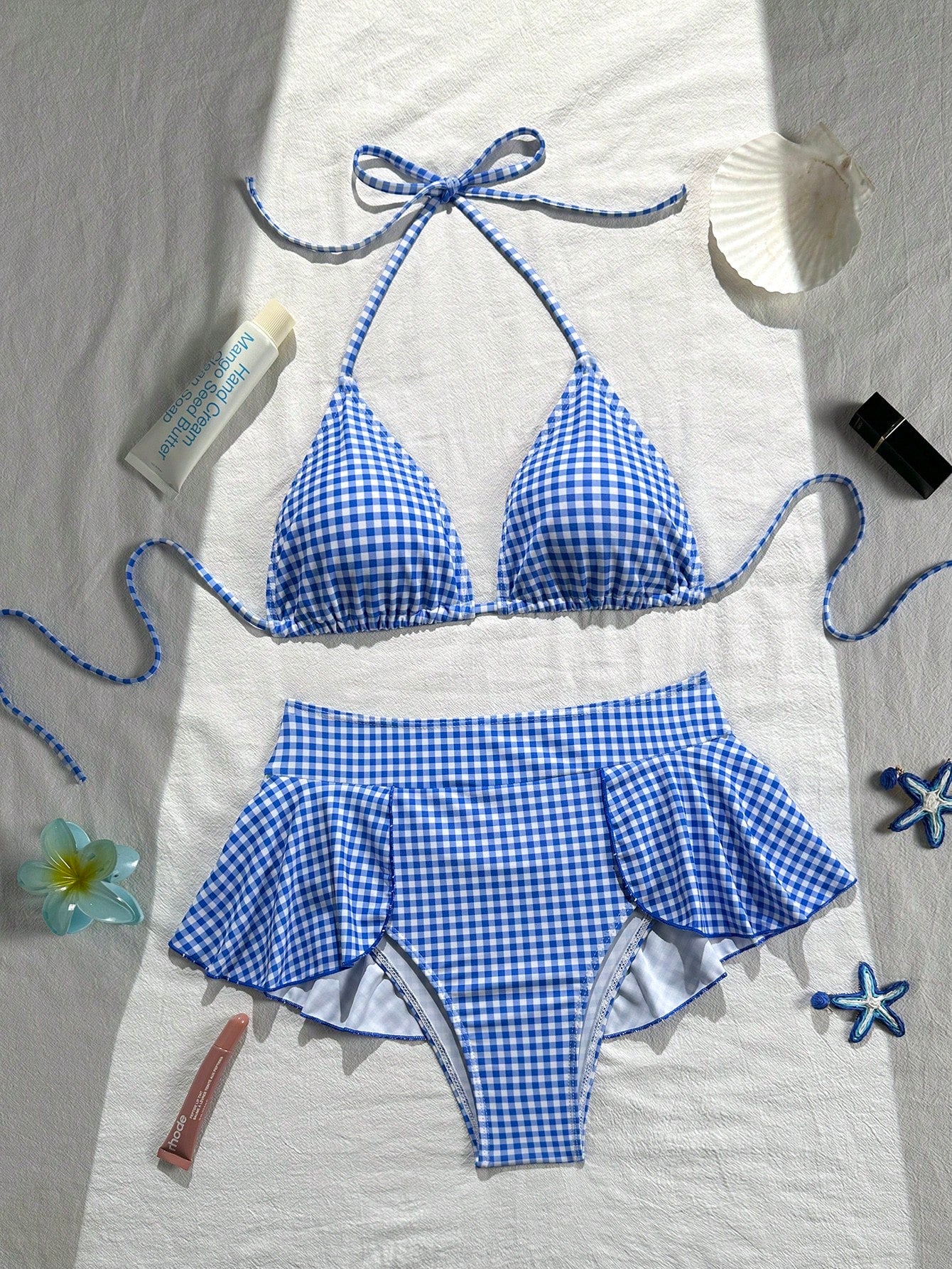 Summer Women's Fashion Cute Blue & White Plaid Print Halter Bikini