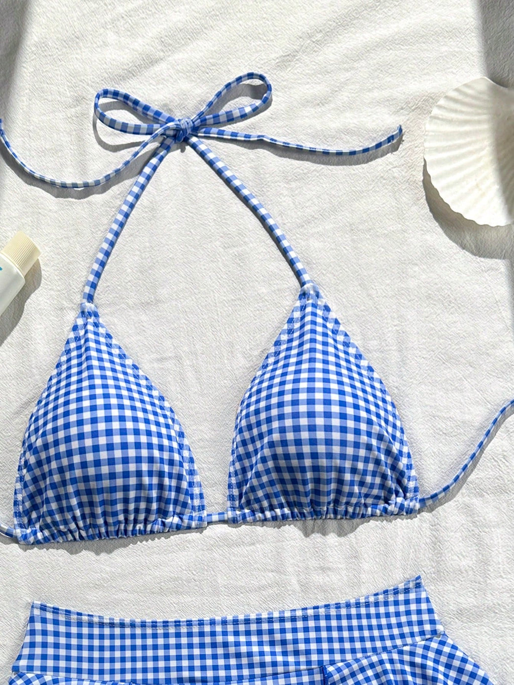 Summer Women's Fashion Cute Blue & White Plaid Print Halter Bikini