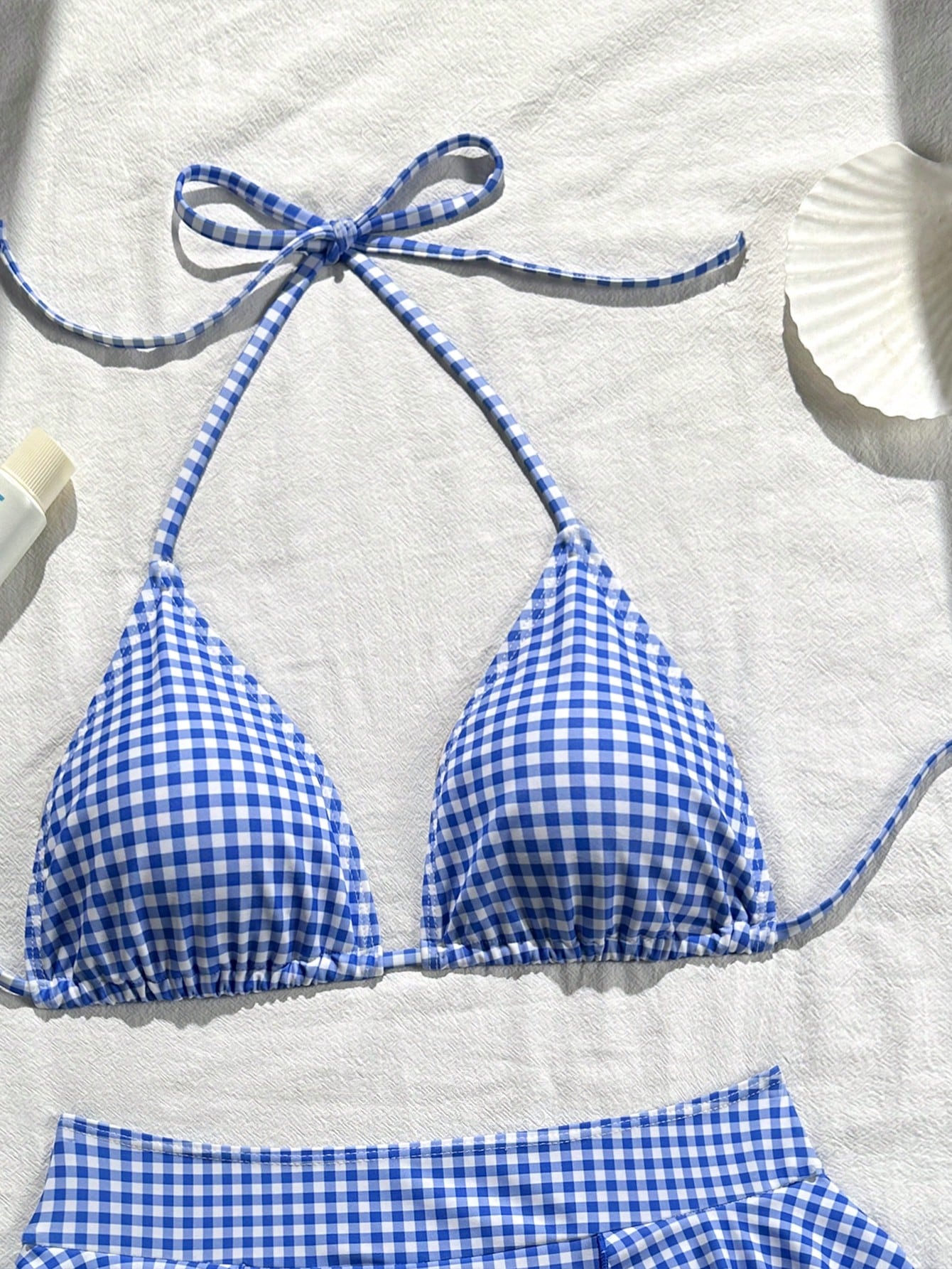 Summer Women's Fashion Cute Blue & White Plaid Print Halter Bikini