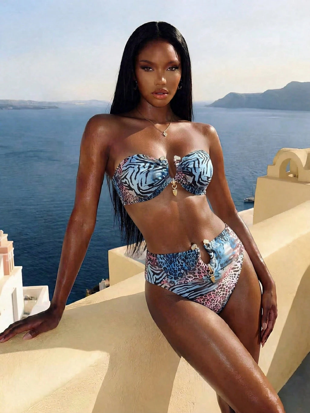Swim SXY Sexy Ombre Leopard Print Gold Accessories Bandeau Bikini