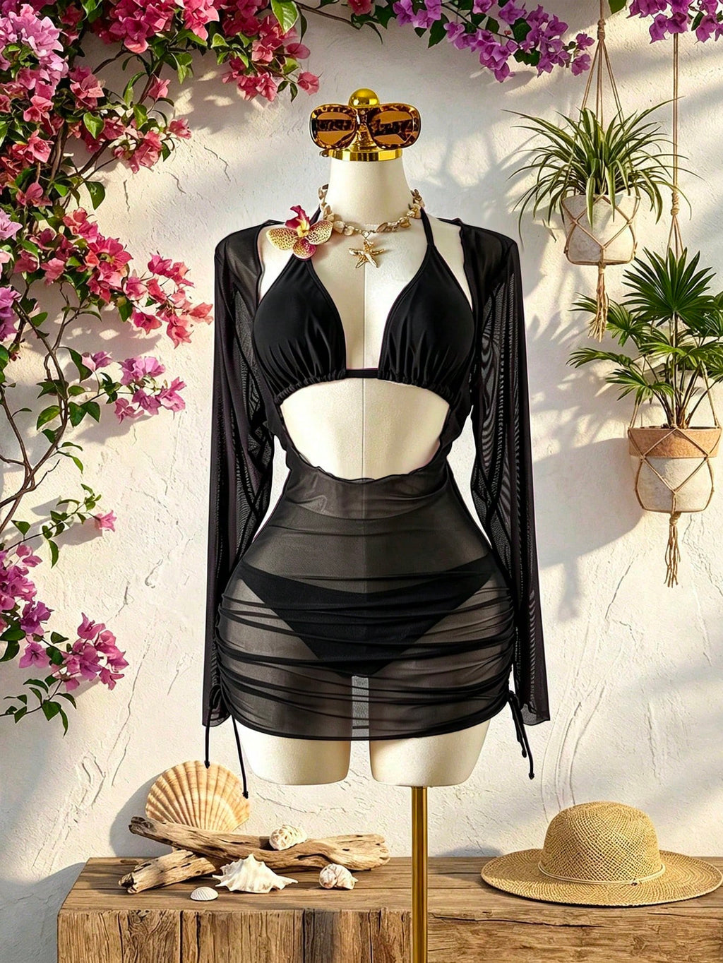 Swim SXY Plus Size 3pcs Floral Accent Solid Color Sexy Women Swimwear Set - image 3